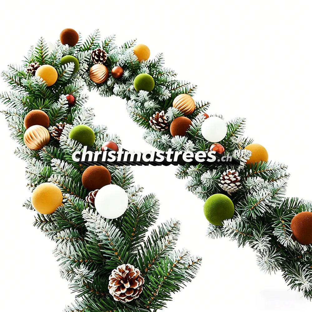 Flocked Christmas Garland with Pastel Ornaments & Pinecones, Whimsical Winter Decor G094