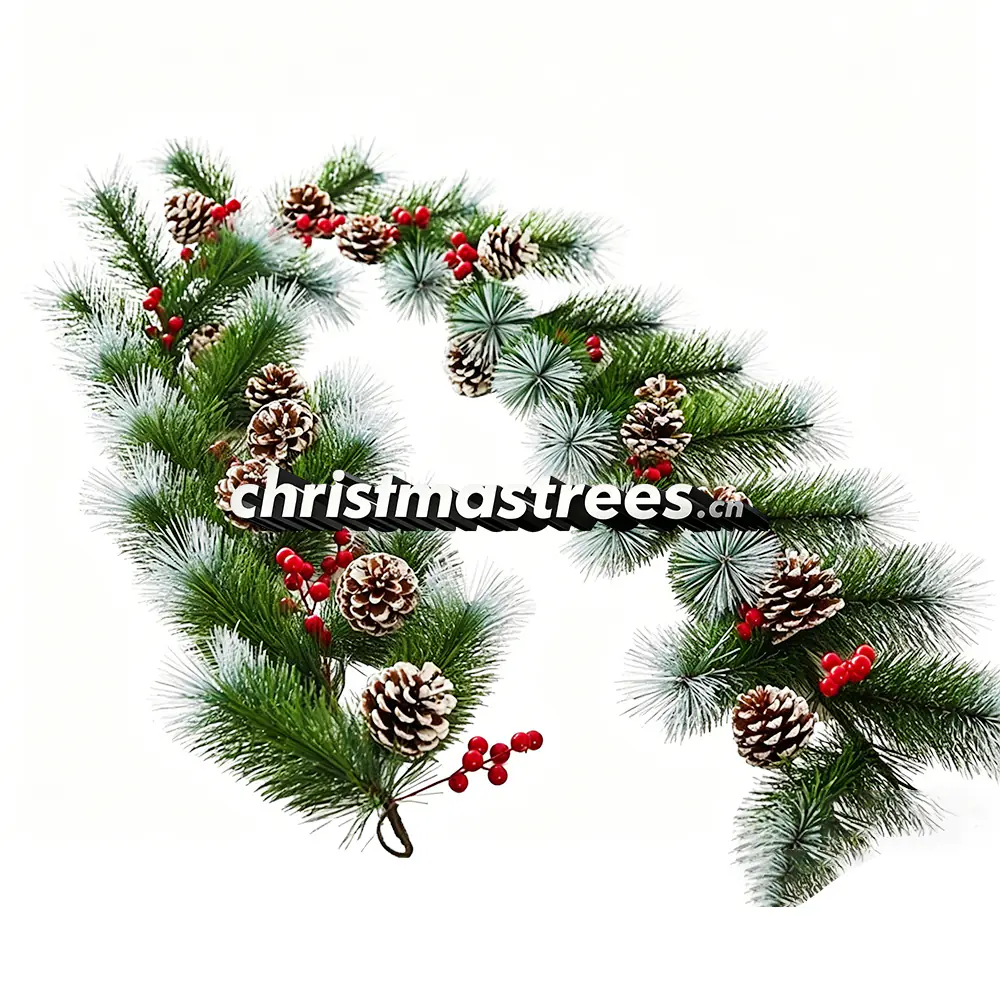 Flocked Pine Christmas Garland with Pinecones & Red Berries, Rustic Winter Decor G096