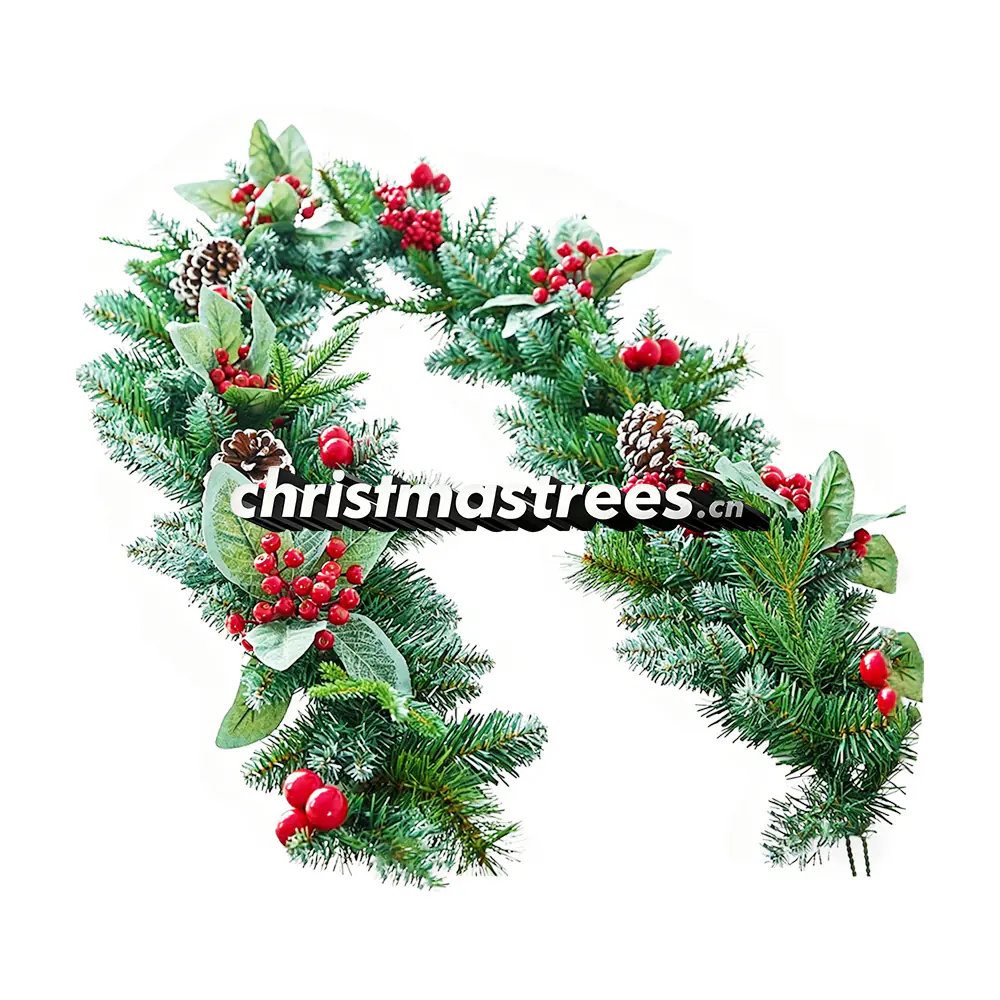 Christmas Pine Garland with Red Berries & Greenery, Fresh Farmhouse Style G097