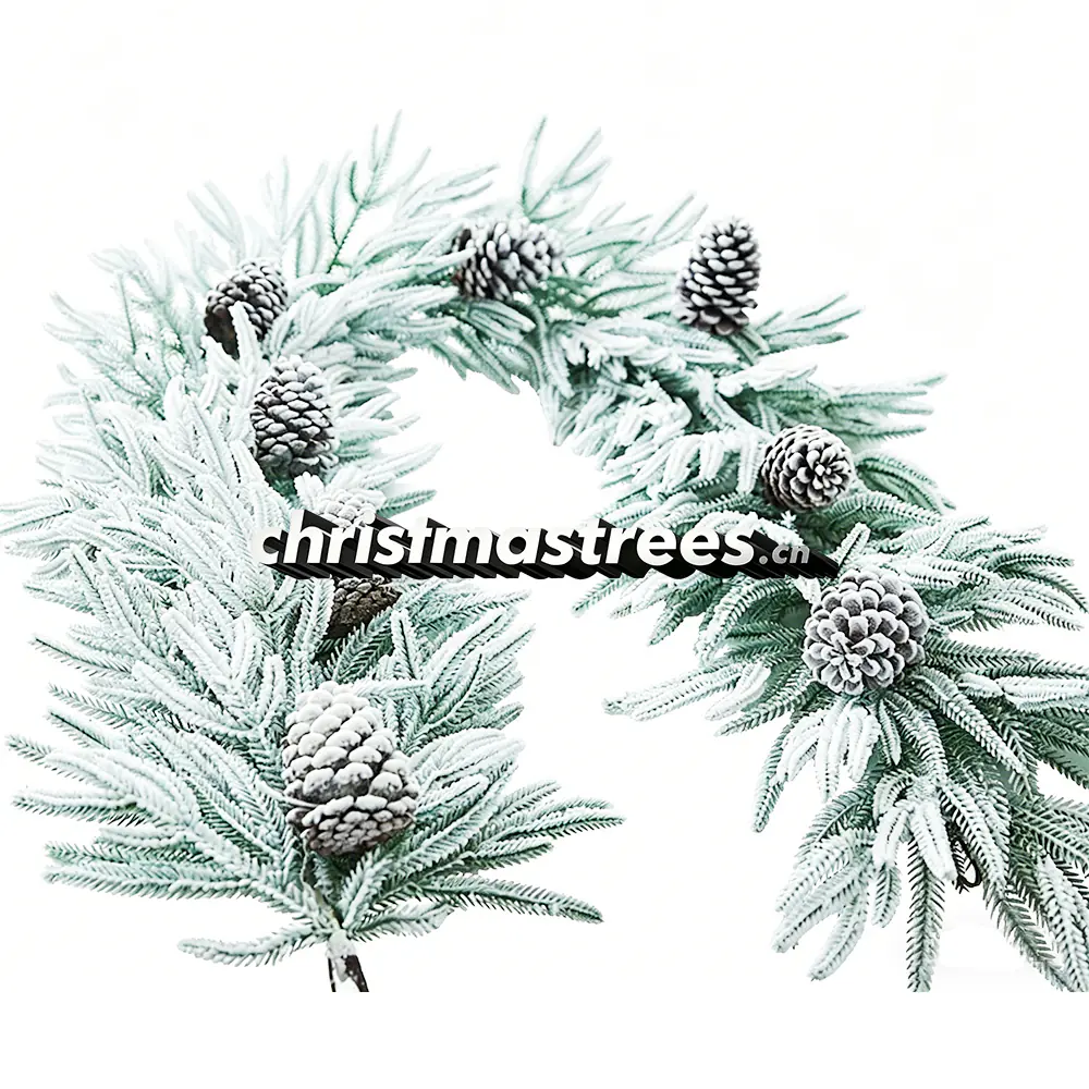 All-White Flocked Pine Garland with Pinecones, Minimalist Winter Wonderland Decor G098