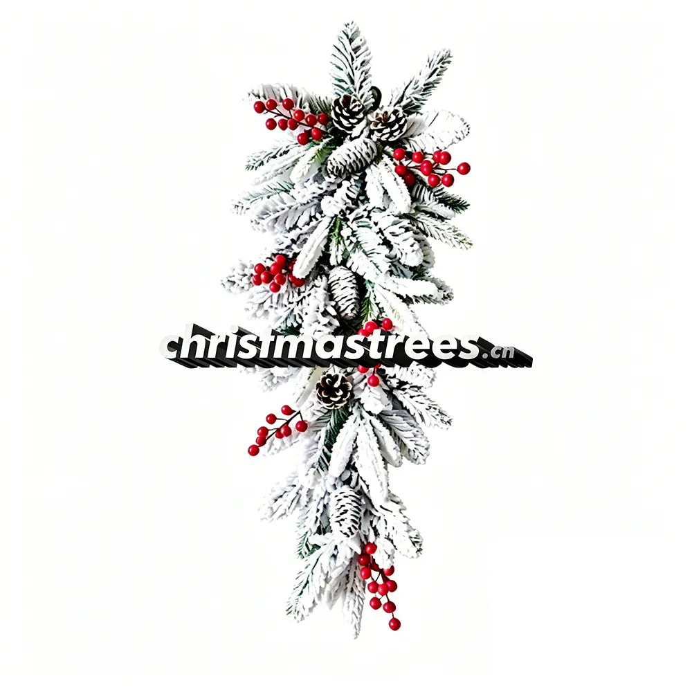 Flocked Christmas Swag with Red Berries, Vertical Hanging Decor for Front Door G102