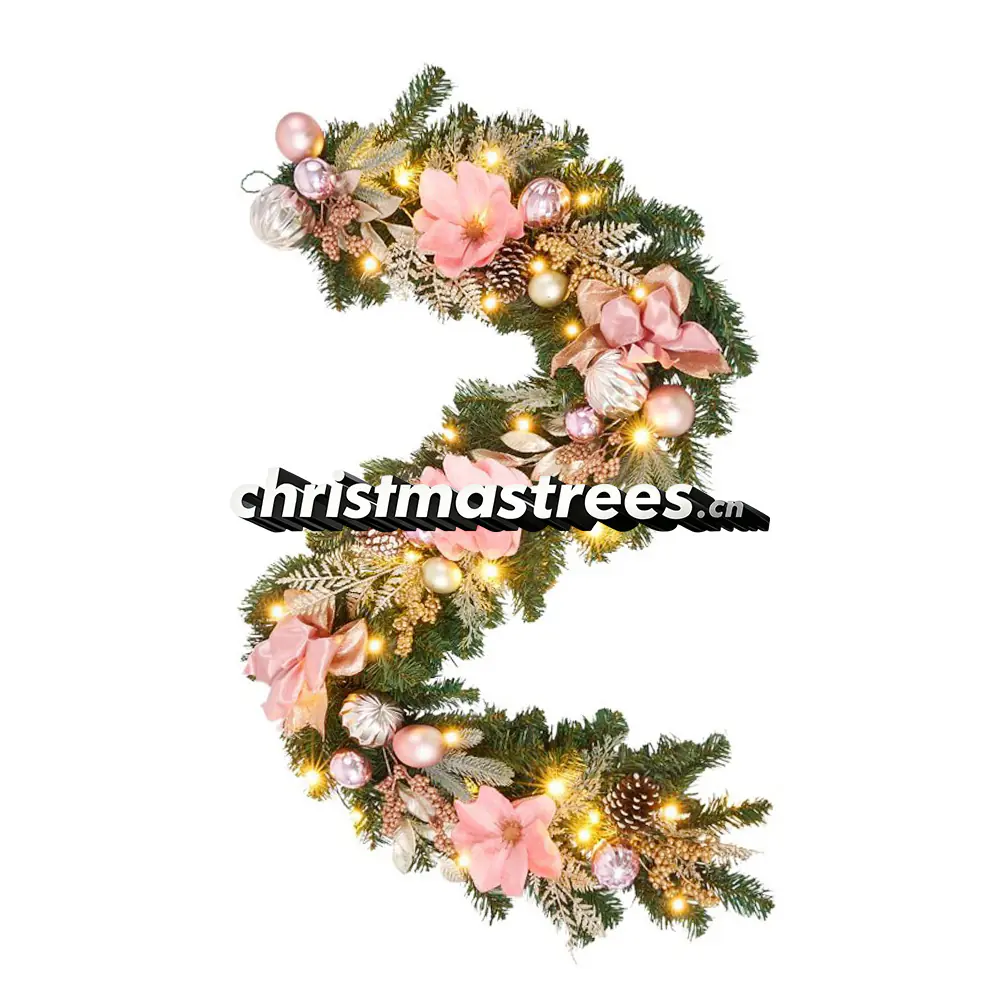 Pre-lit Pink & Gold Christmas Garland with Flowers & Ornaments, Soft LED Lights G103