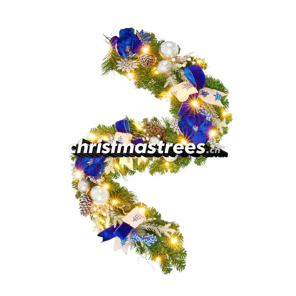 Pre-lit Blue & Gold Christmas Garland with Flowers & Ornaments, Elegant LED Lights G105