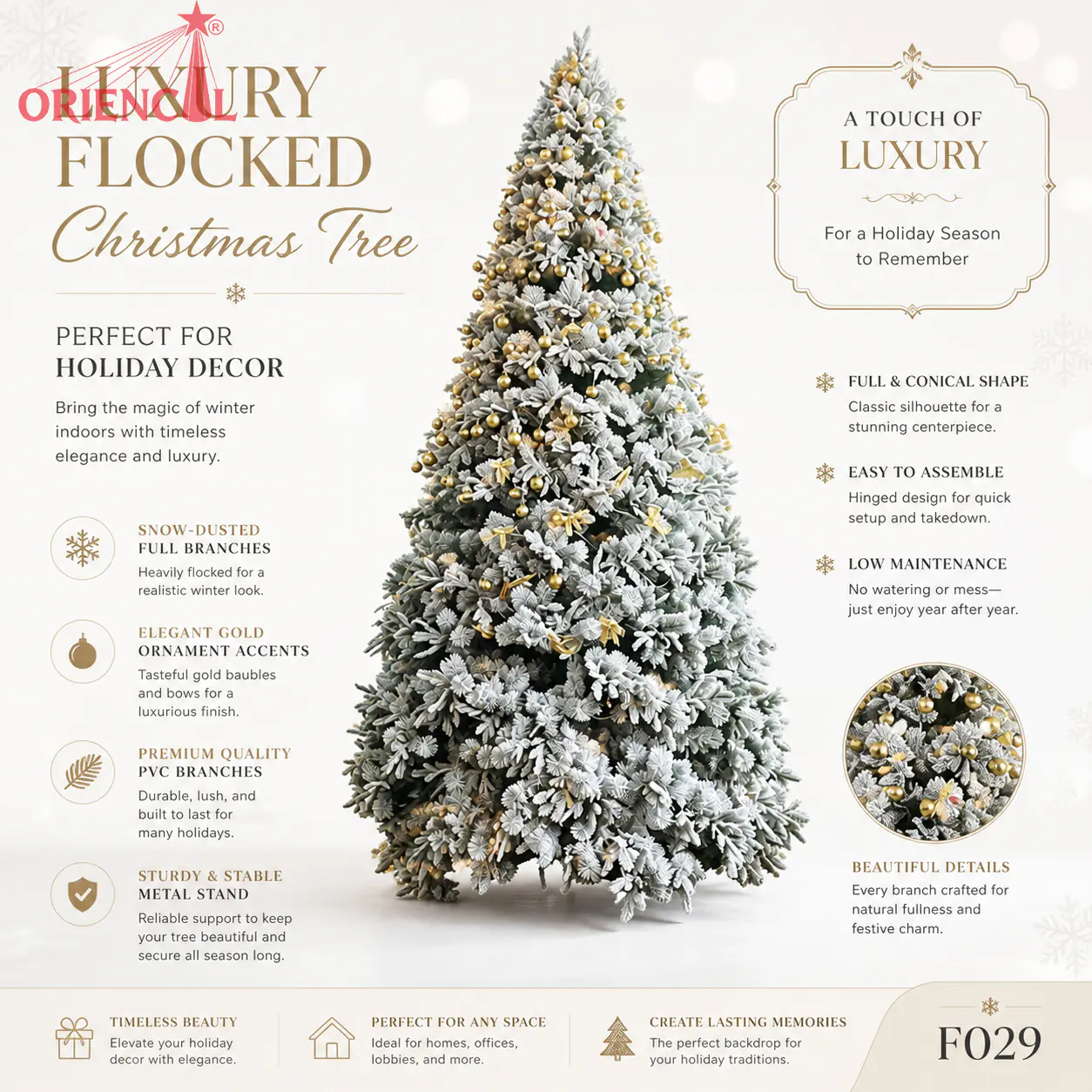 Pre-Lit Flocked Christmas Tree with Warm White Lights, Snowy Artificial Pine for Home Decor F029