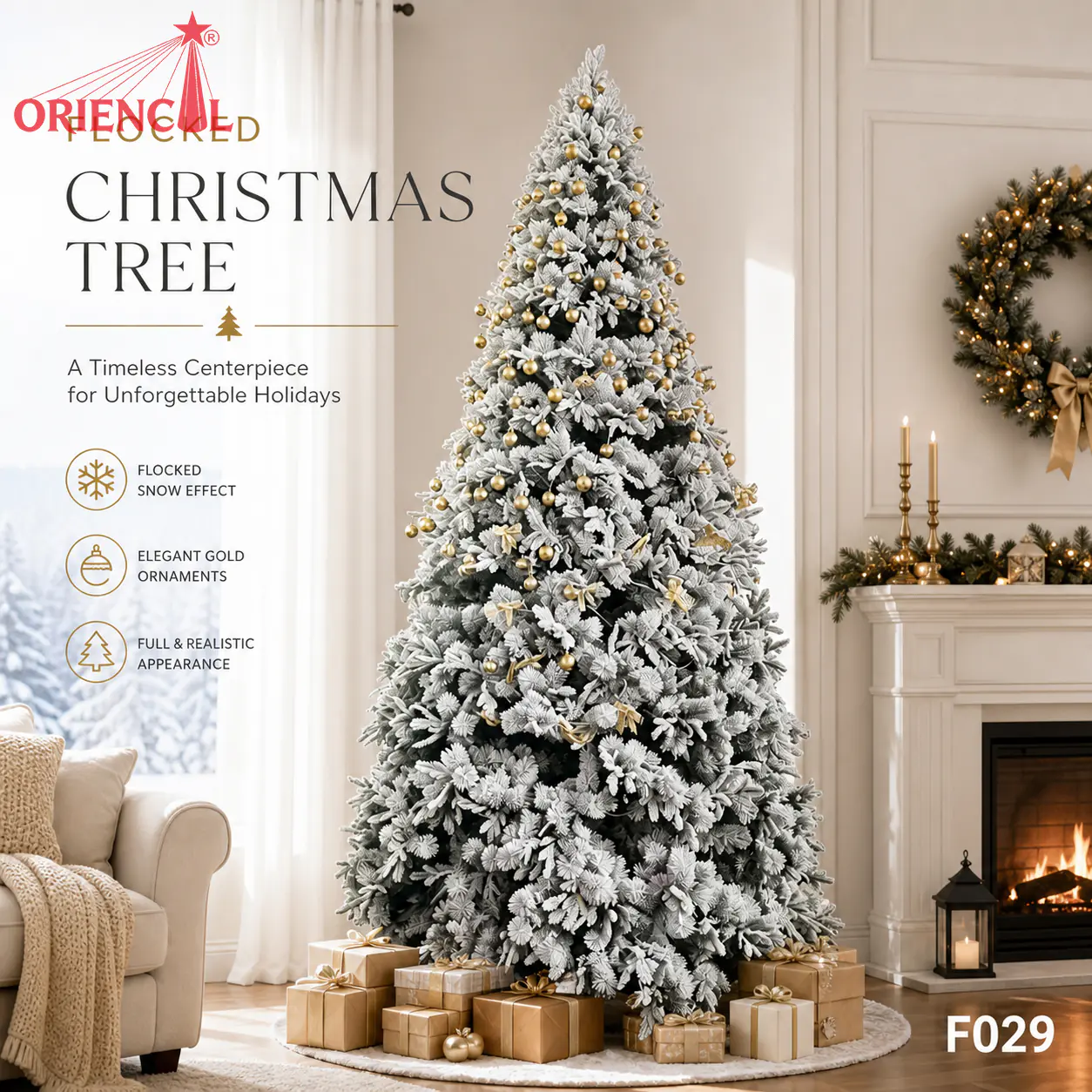 Pre-Lit Flocked Christmas Tree with Warm White Lights, Snowy Artificial Pine for Home Decor F029