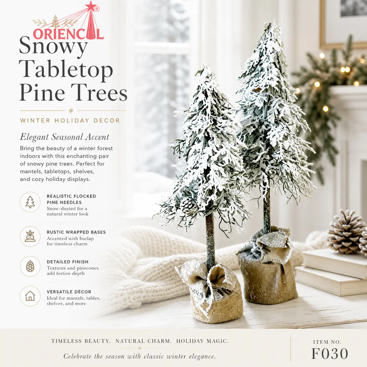 Set of 2 Small Flocked Christmas Trees in Burlap Base, Mini Snowy Pine for Tabletop Decor F030