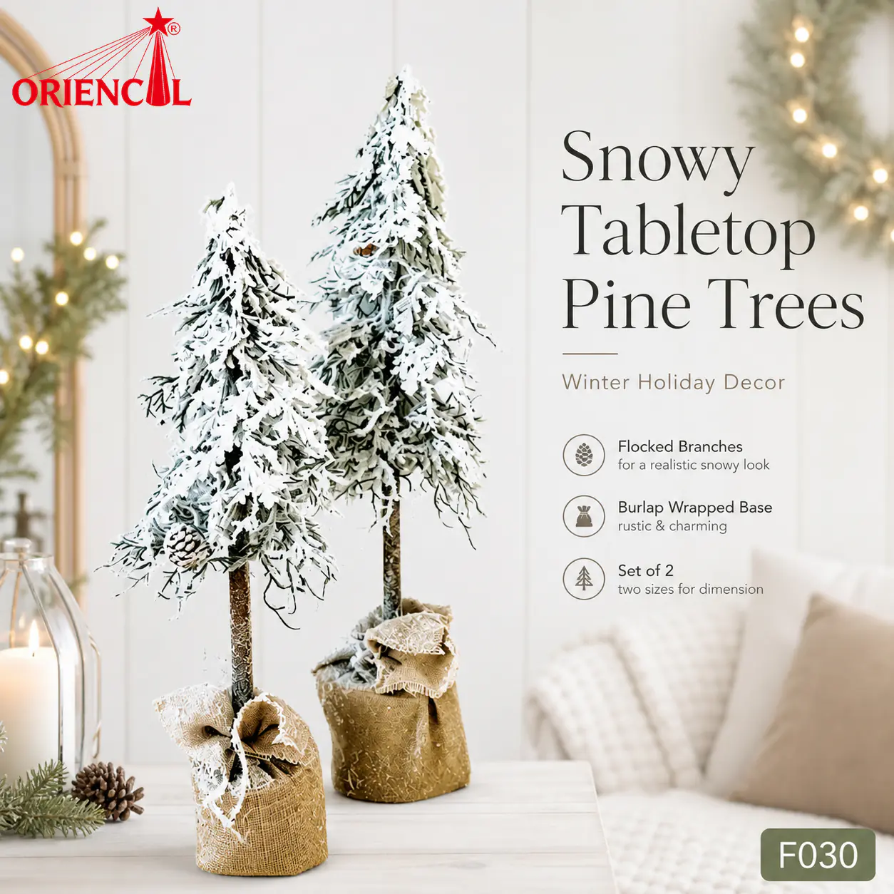 Set of 2 Small Flocked Christmas Trees in Burlap Base, Mini Snowy Pine for Tabletop Decor F030