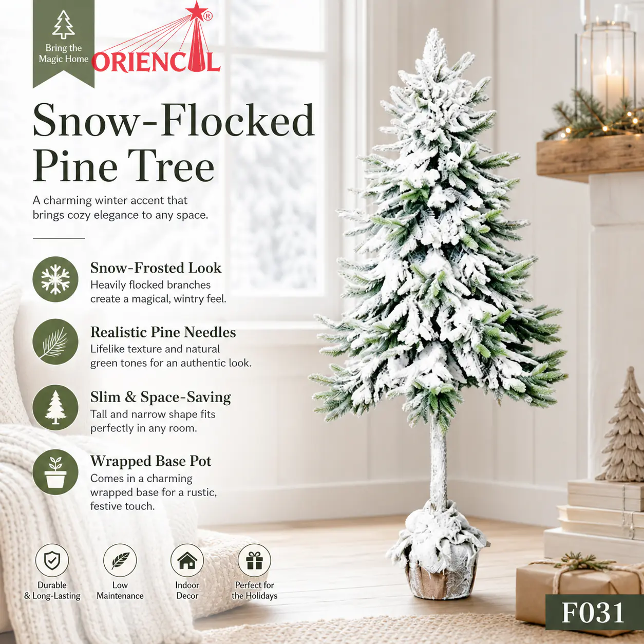 White Flocked Potted Christmas Tree - Slim Artificial Pine with Snow, for Indoor & Outdoor Use F031