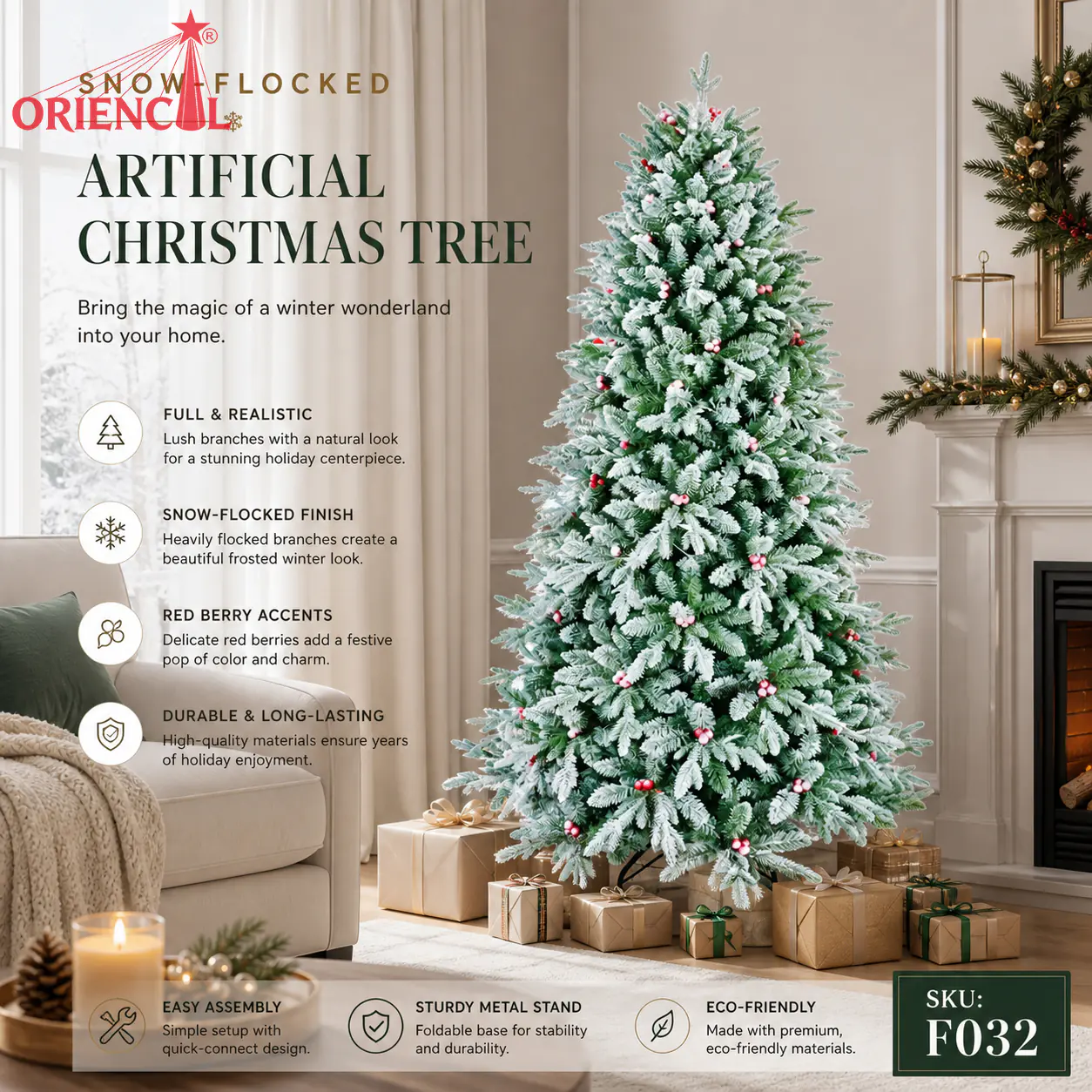 Green Flocked Christmas Tree with Red Berries, Snow-Dusted Artificial Pine for Festive Decor F032