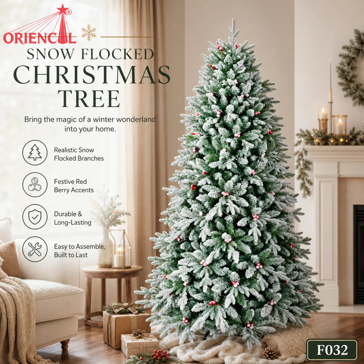 Green Flocked Christmas Tree with Red Berries, Snow-Dusted Artificial Pine for Festive Decor F032