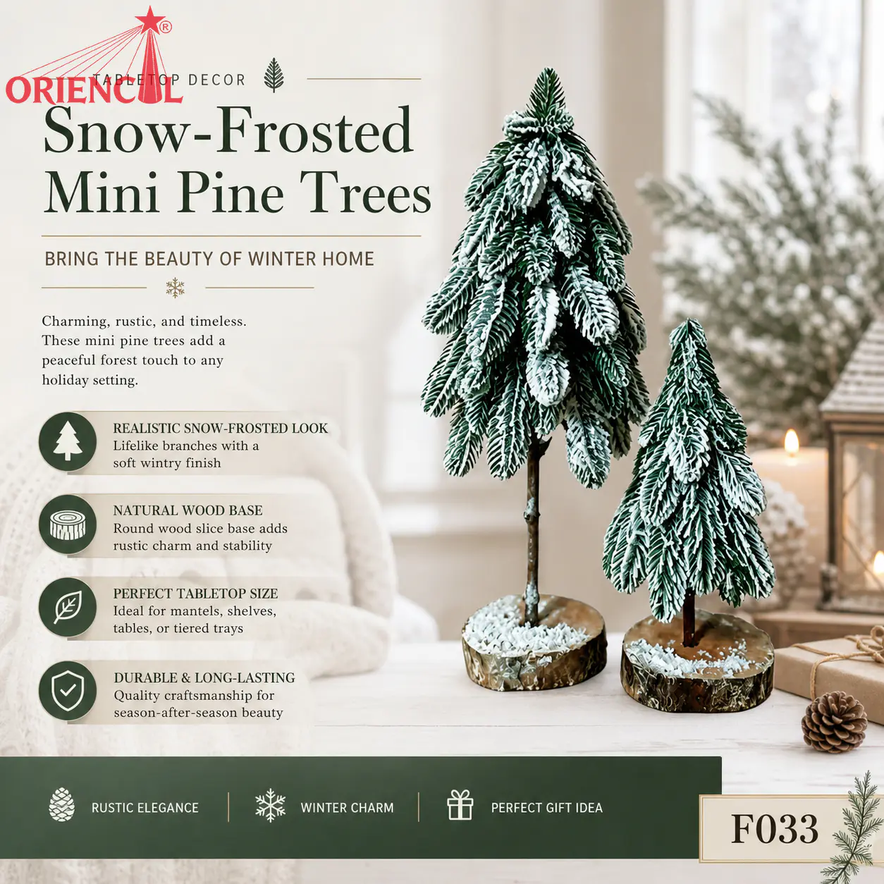 Set of 2 Mini Flocked Christmas Trees with Wood Base, Small Snowy Pine for Mantel Decor F033