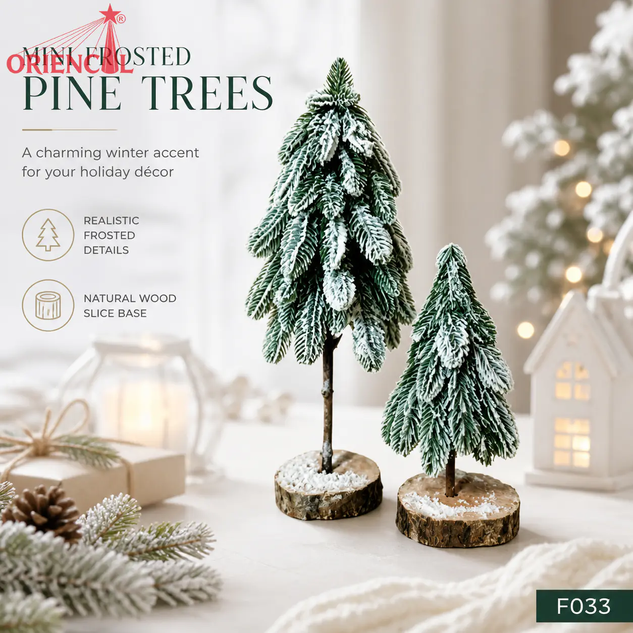 Set of 2 Mini Flocked Christmas Trees with Wood Base, Small Snowy Pine for Mantel Decor F033