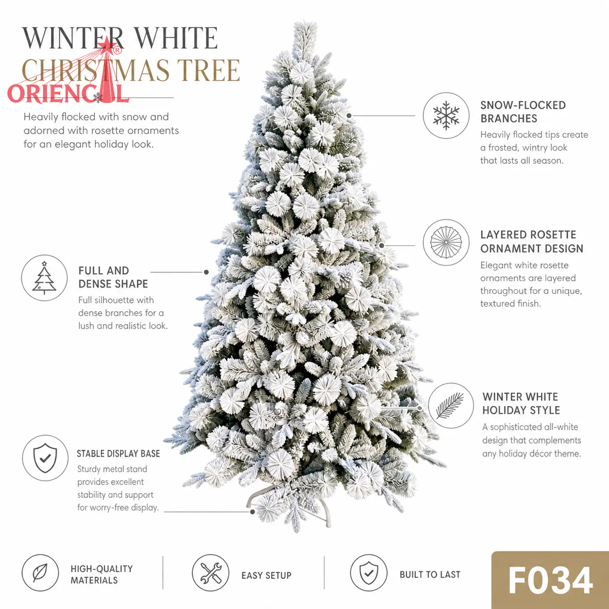 Full White Snow Flocked Christmas Tree, Premium Artificial Pine for Winter Wonderland Theme F034