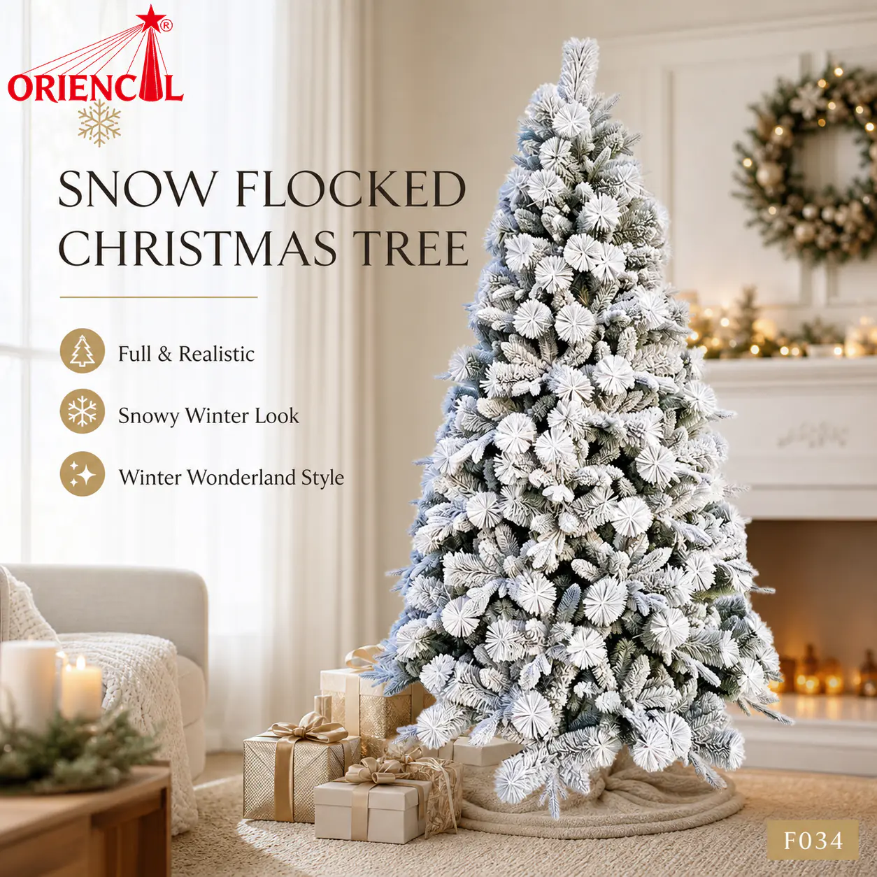 Full White Snow Flocked Christmas Tree, Premium Artificial Pine for Winter Wonderland Theme F034