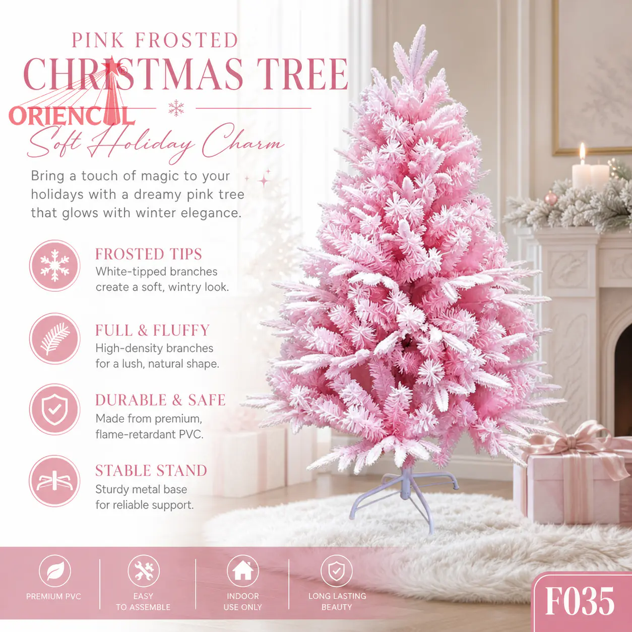 Pink Flocked Artificial Christmas Tree, Snowy Pastel Pine with Metal Stand, for Girly Holiday Decor F035