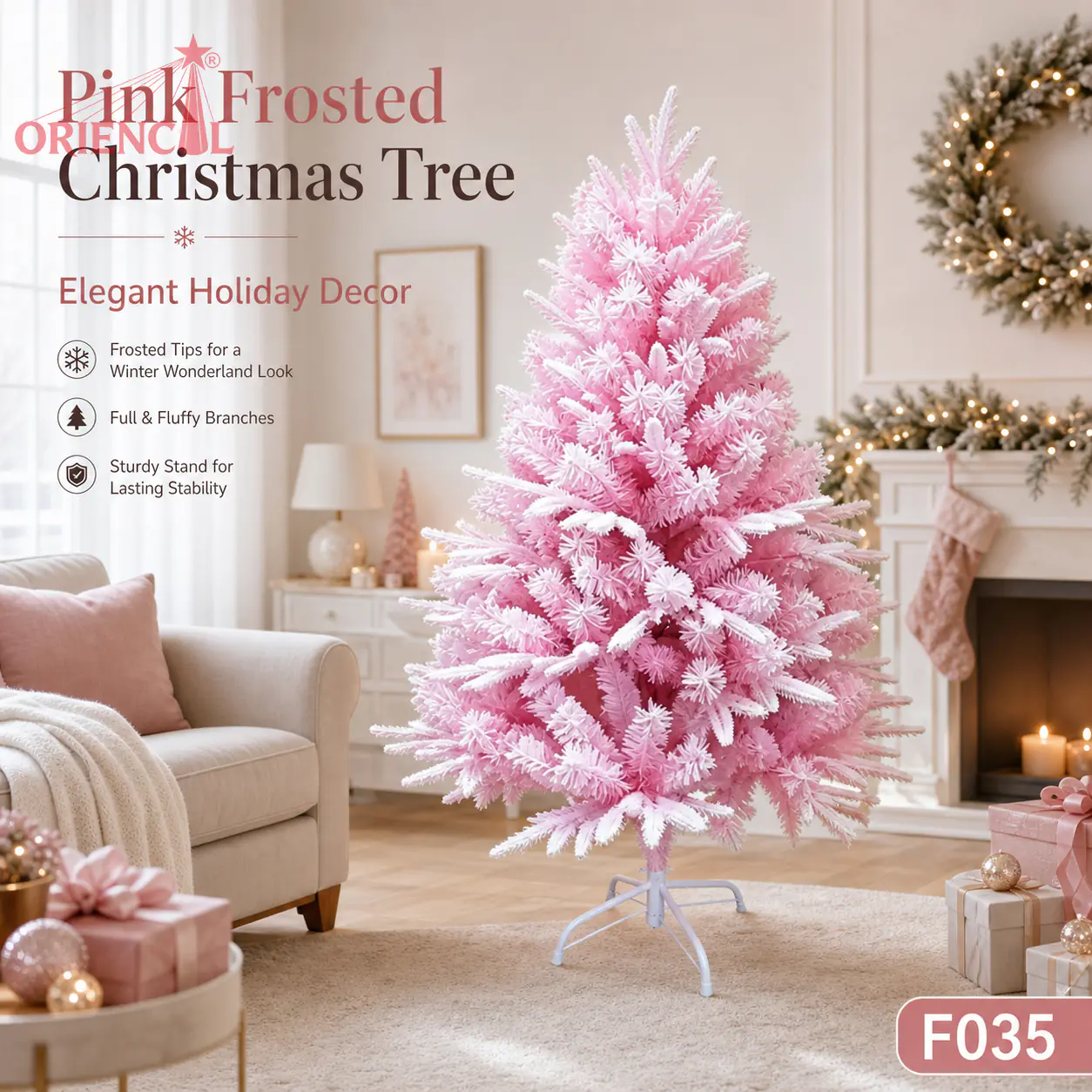 Pink Flocked Artificial Christmas Tree, Snowy Pastel Pine with Metal Stand, for Girly Holiday Decor F035