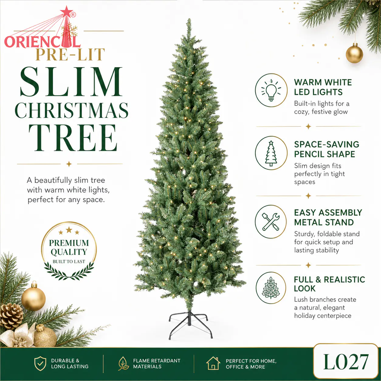 Pre-Lit Ultra-Slim Green Fir Christmas Tree, Warm LED Lights, Minimalist Small Space Decor L027