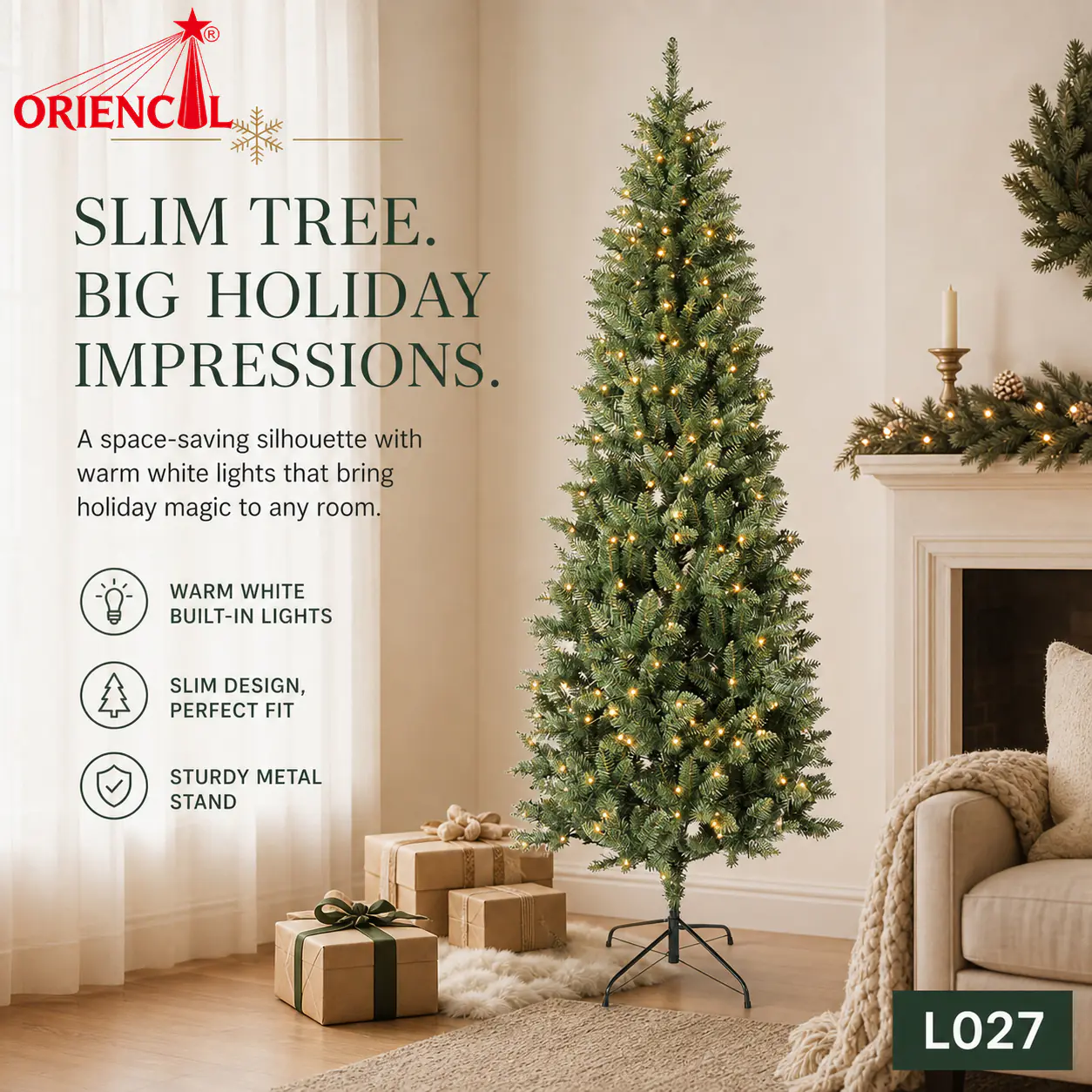 Pre-Lit Ultra-Slim Green Fir Christmas Tree, Warm LED Lights, Minimalist Small Space Decor L027
