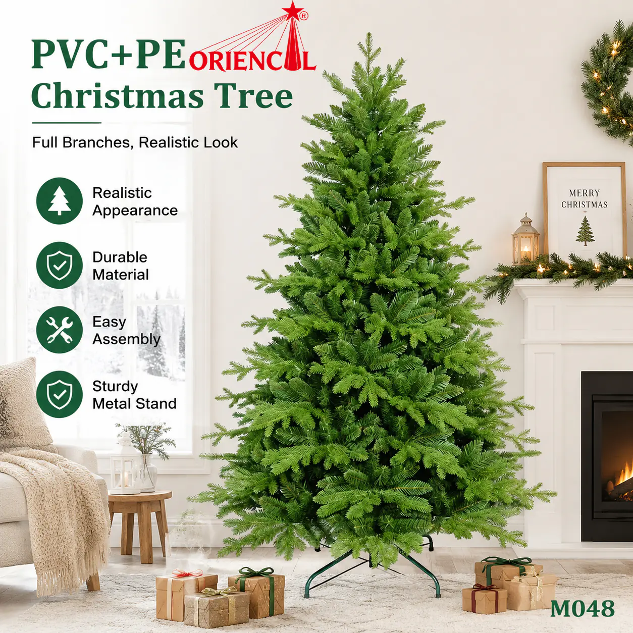 Premium Artificial Christmas Tree, Full Green Fir with Lush Branches & Metal Stand, Unlit M048