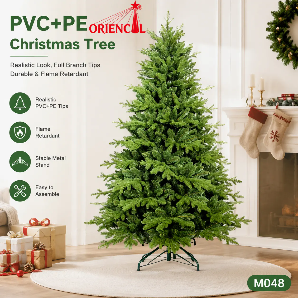 Premium Artificial Christmas Tree, Full Green Fir with Lush Branches & Metal Stand, Unlit M048