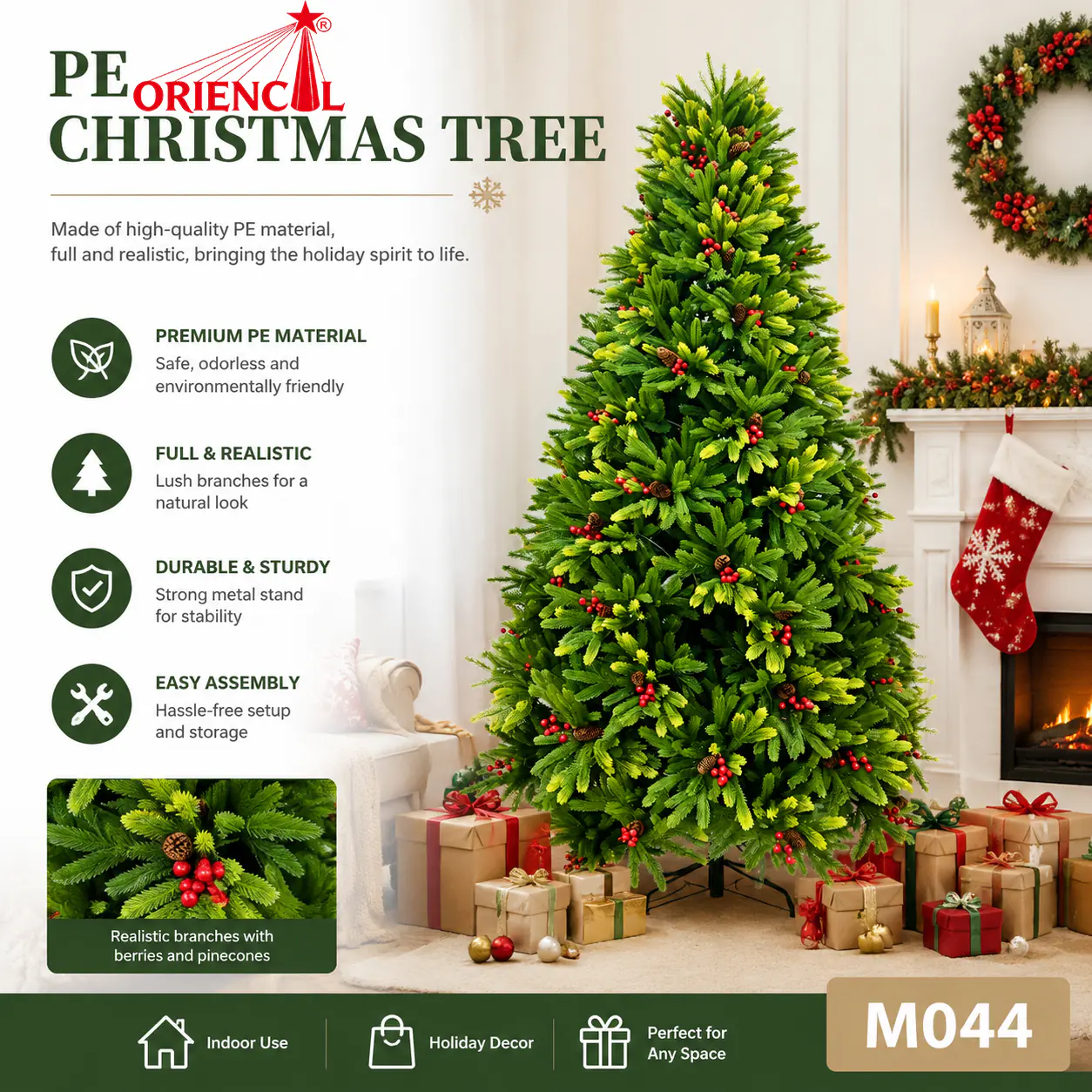 Artificial Christmas Tree with Red Berries & Pine Cones, Full Green Pine for Classic Holiday Decor M044