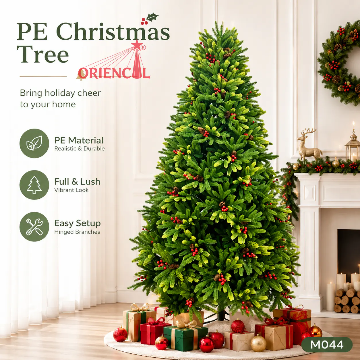 Artificial Christmas Tree with Red Berries & Pine Cones, Full Green Pine for Classic Holiday Decor M044