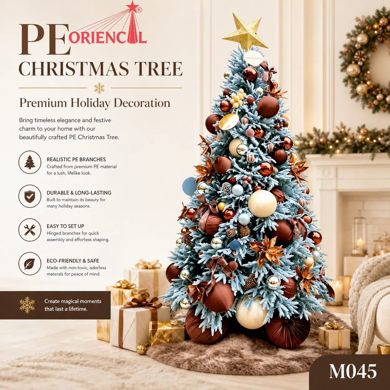 Blue Flocked Pre-Decorated Christmas Tree with Ornaments & Star Topper, Festive Holiday Centerpiece M045