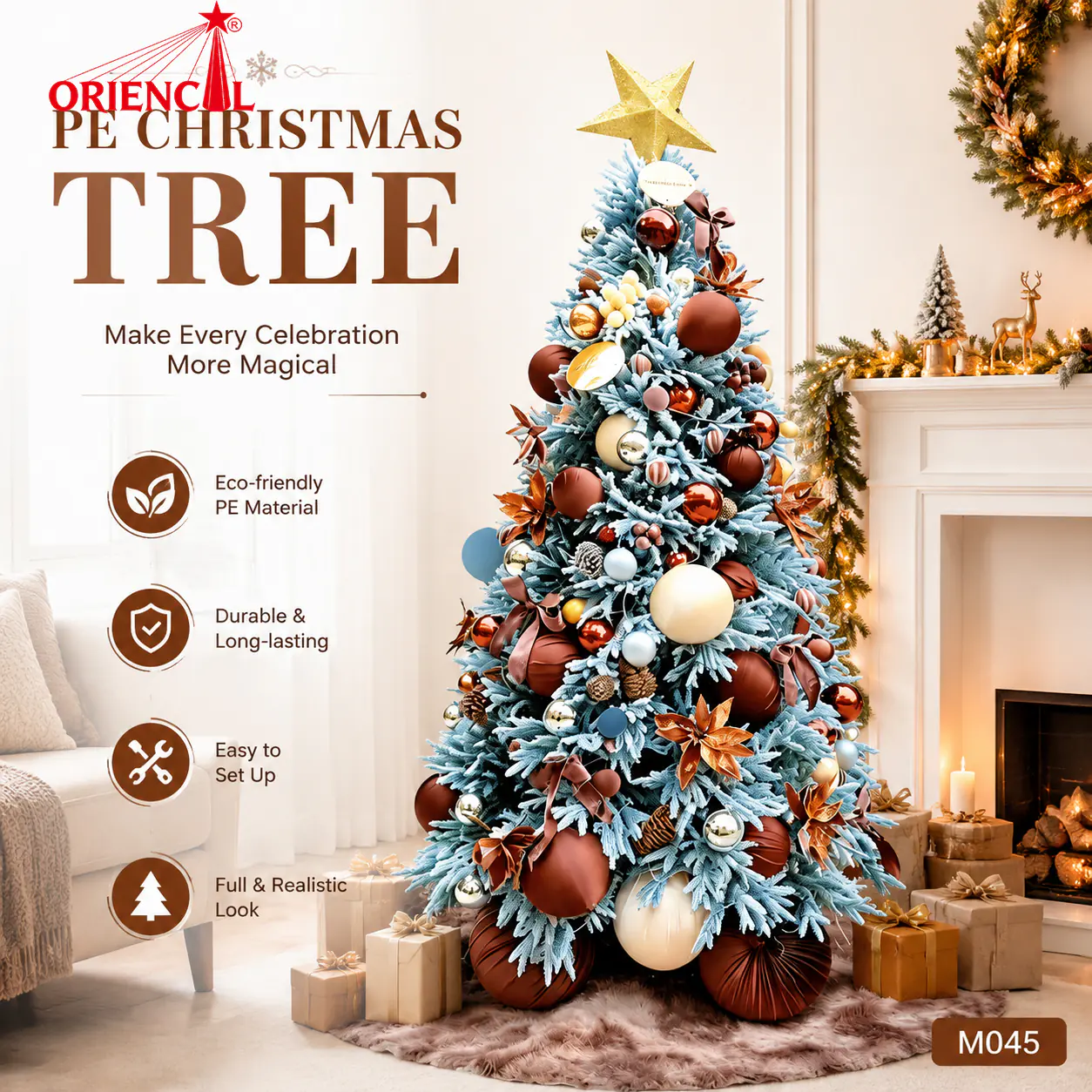 Blue Flocked Pre-Decorated Christmas Tree with Ornaments & Star Topper, Festive Holiday Centerpiece M045