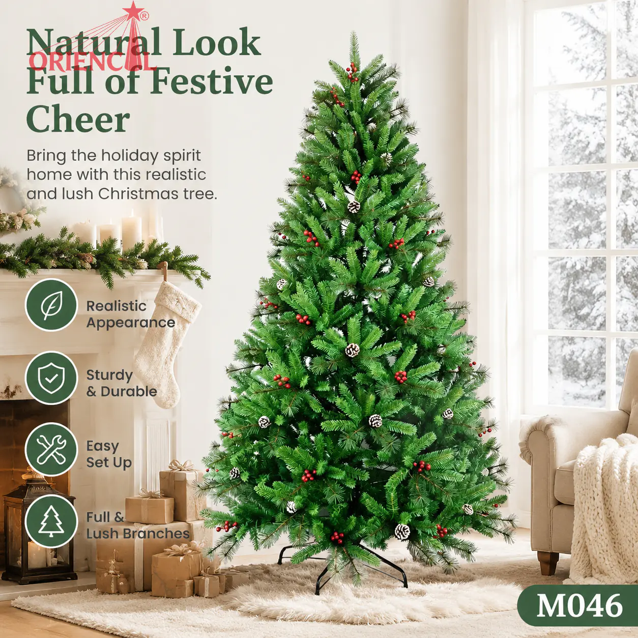 Artificial Green Christmas Tree with Red Berries & Pine Cones, Unlit Full Pine with Metal Stand M046