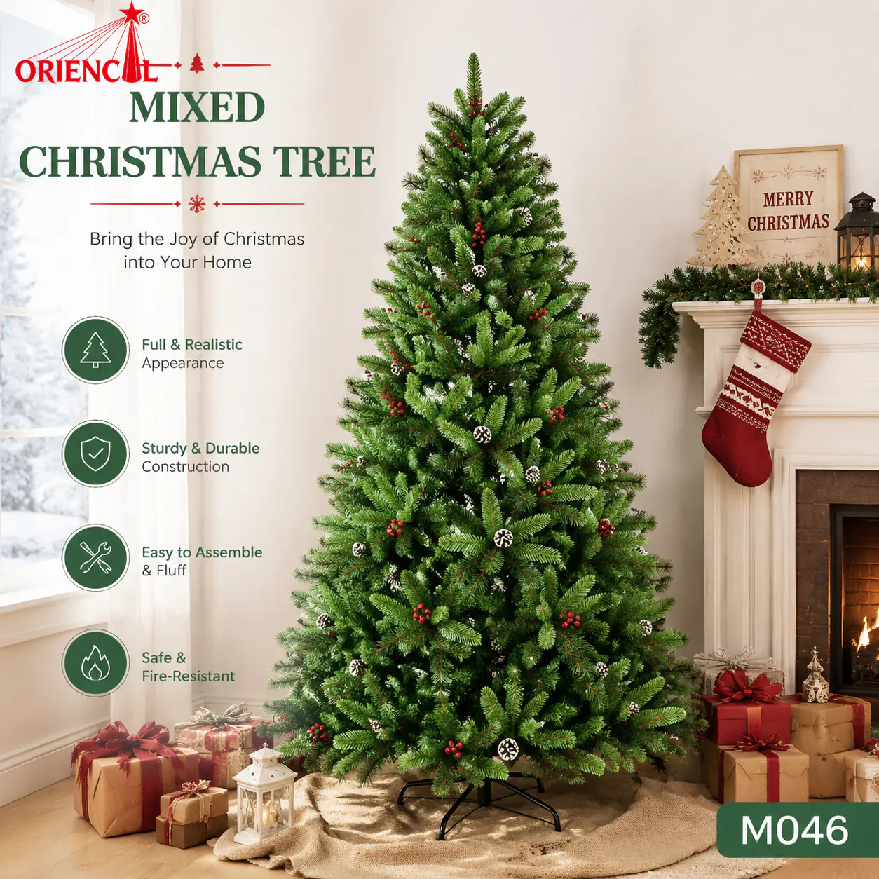 Artificial Green Christmas Tree with Red Berries & Pine Cones, Unlit Full Pine with Metal Stand M046
