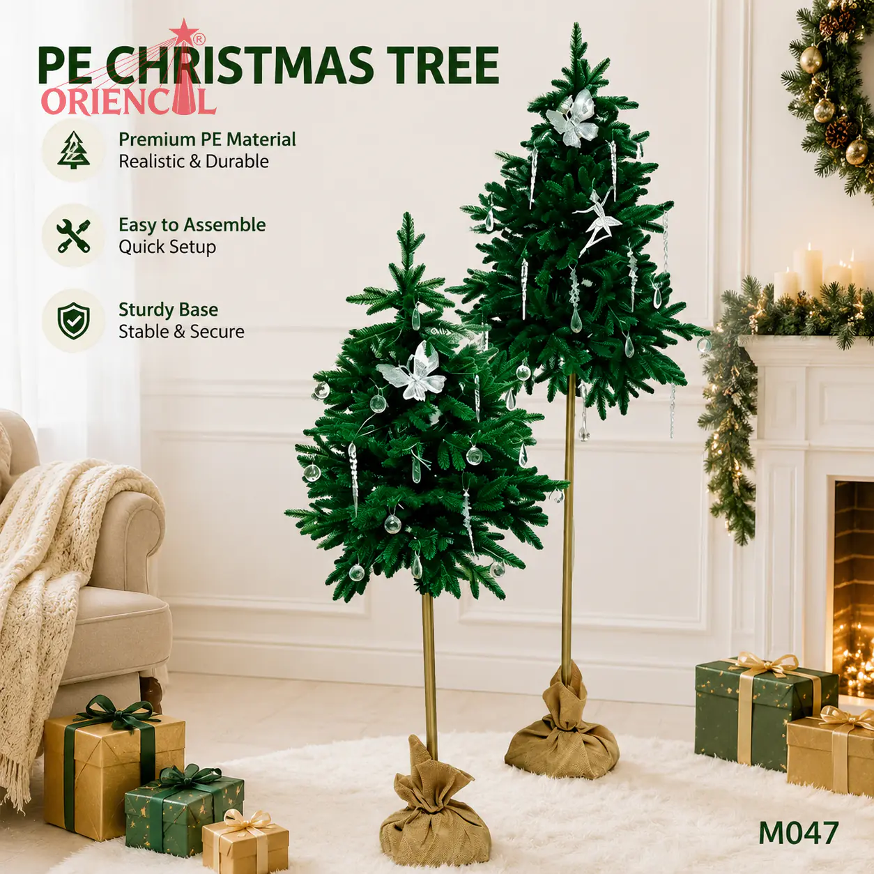 Set of 2 Small Artificial Christmas Trees in Burlap Base, with Butterflies & Hanging Ornaments M047