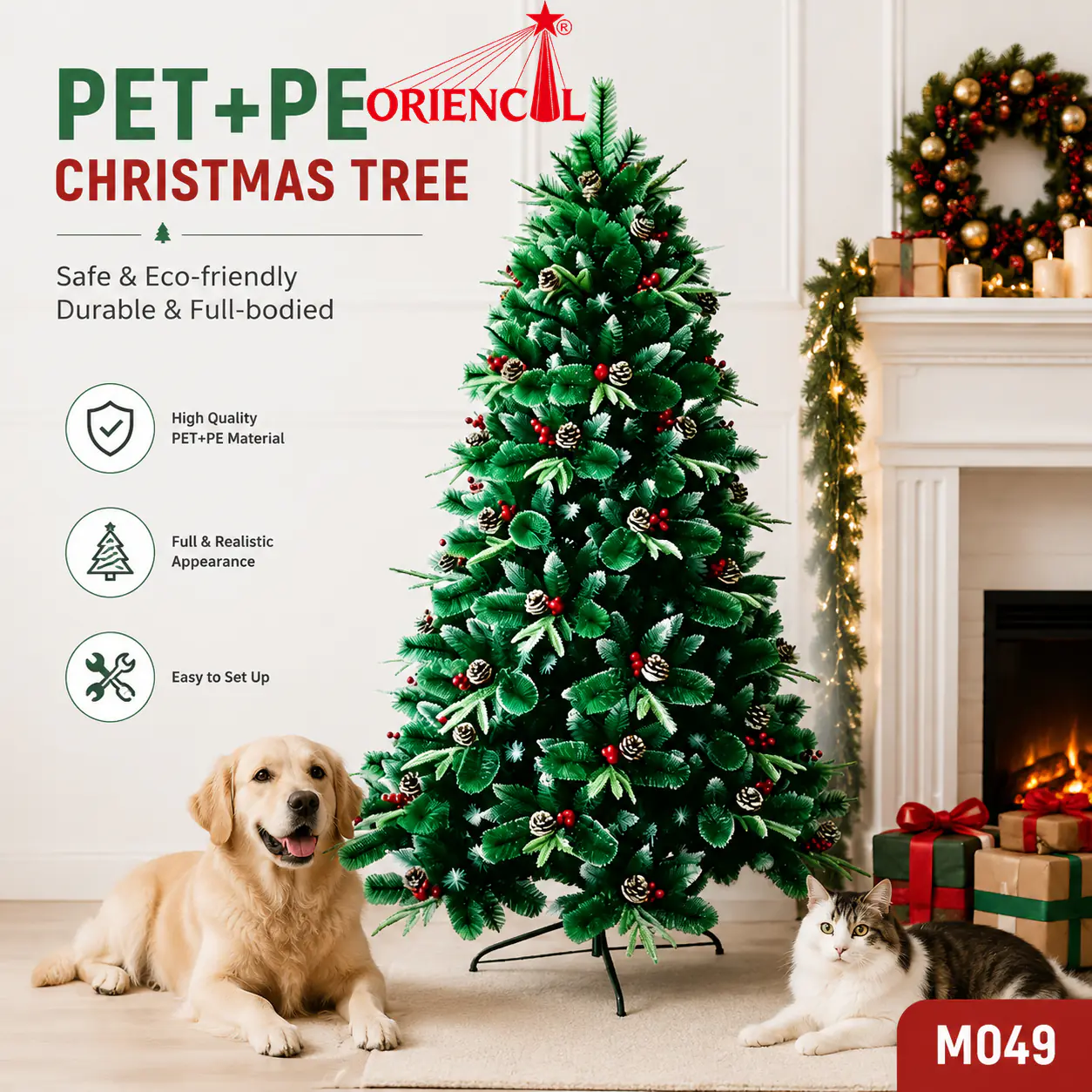 Artificial Christmas Tree with Red Berries & Pine Cones, Full Green Pine for Traditional Holiday Decor M049