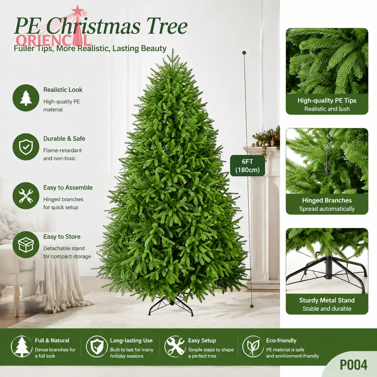 Full Green PE Spruce Christmas Tree, Unlit Realistic Evergreen, Easy Assembly with Metal Stand P004