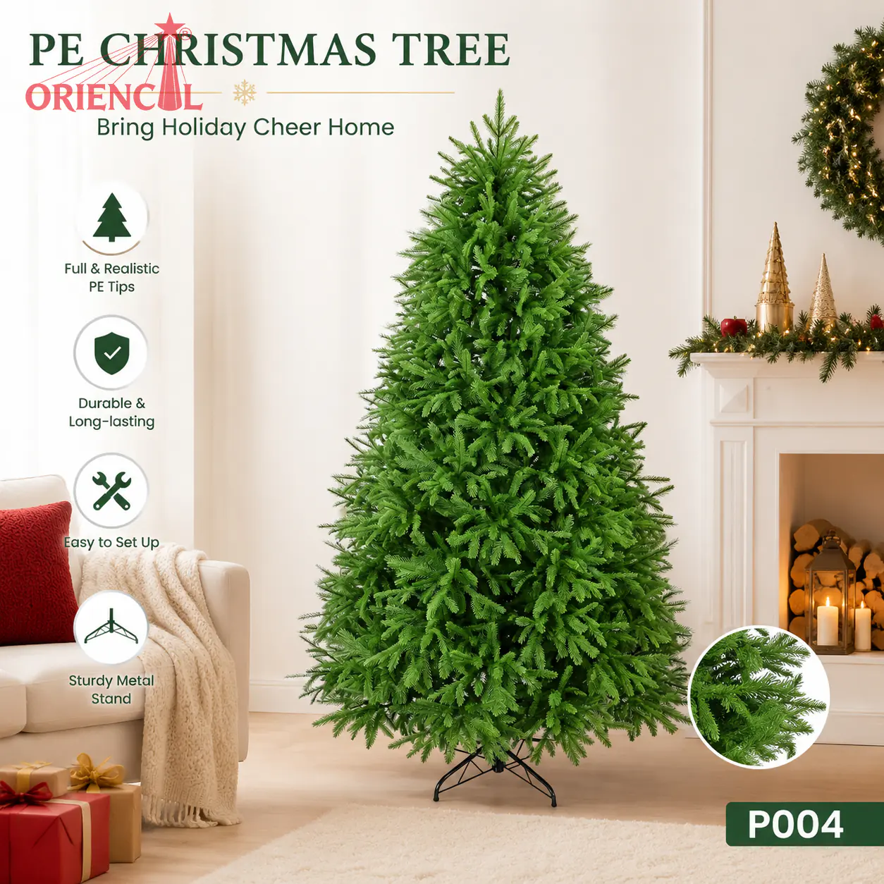 Full Green PE Spruce Christmas Tree, Unlit Realistic Evergreen, Easy Assembly with Metal Stand P004