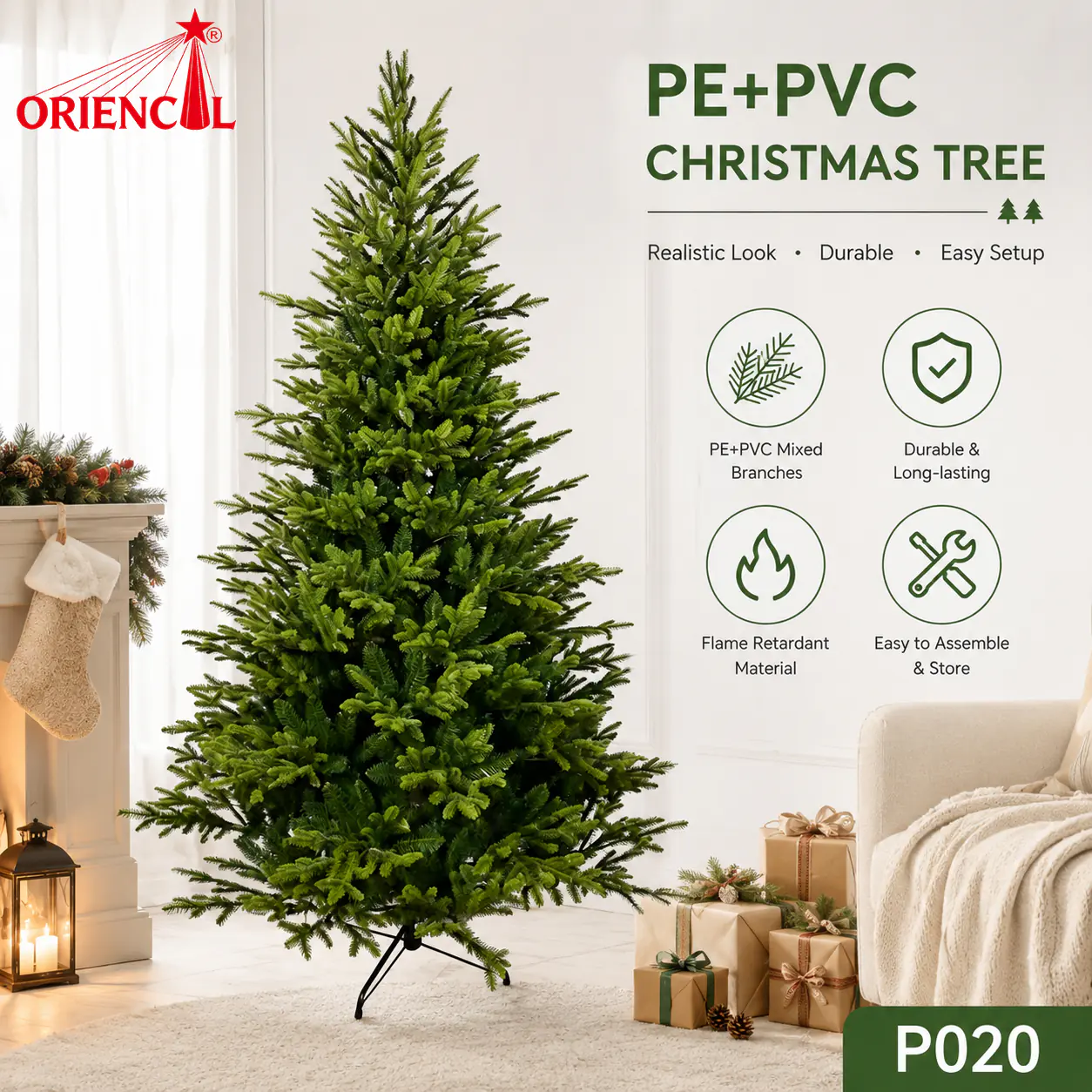 Premium All-PE Artificial Christmas Tree, Lush Green Fir with Metal Stand, Unlit for Holiday Decor P020