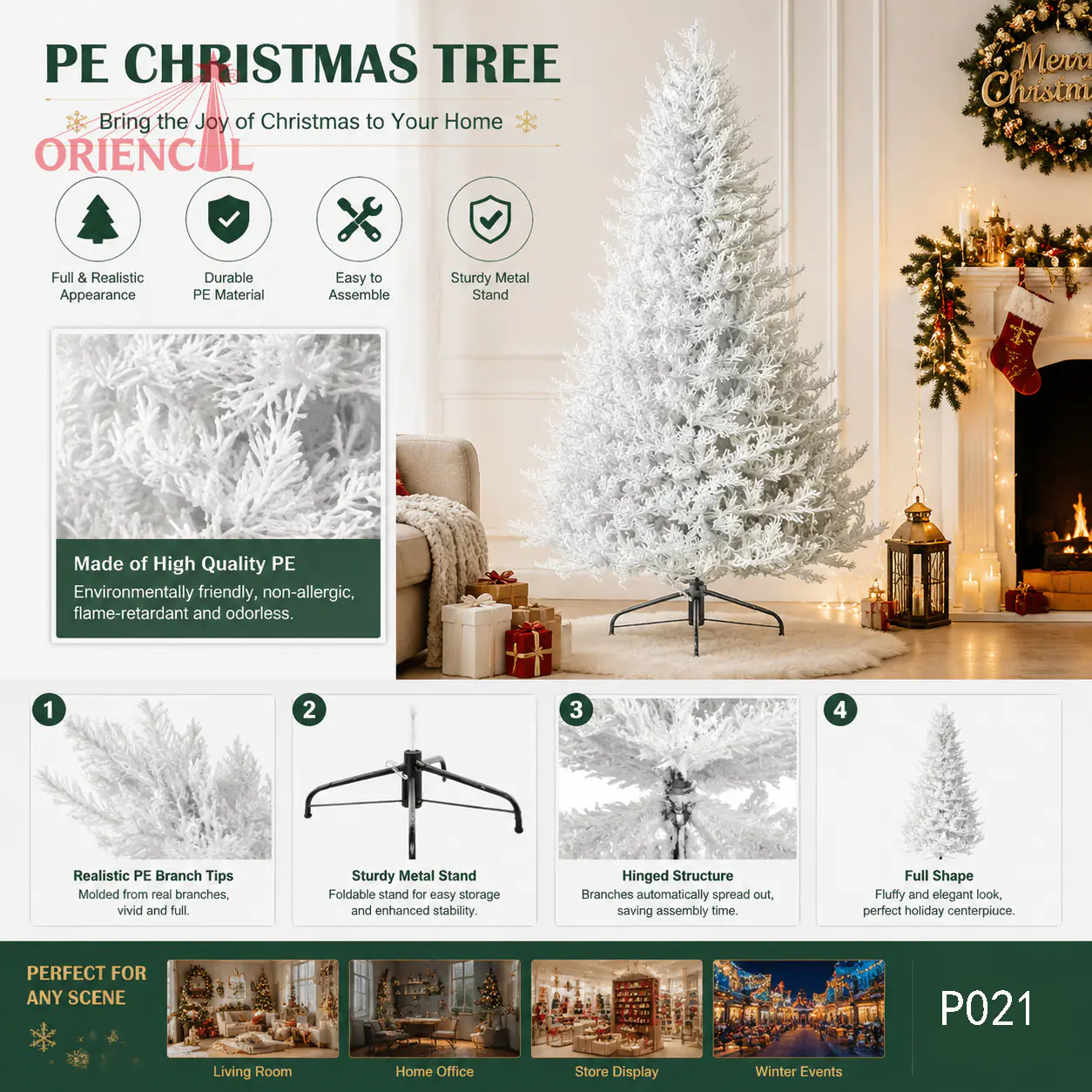 All-PE White Artificial Christmas Tree, Full Snowy Fir with Metal Stand, for Winter Themed Decor P021