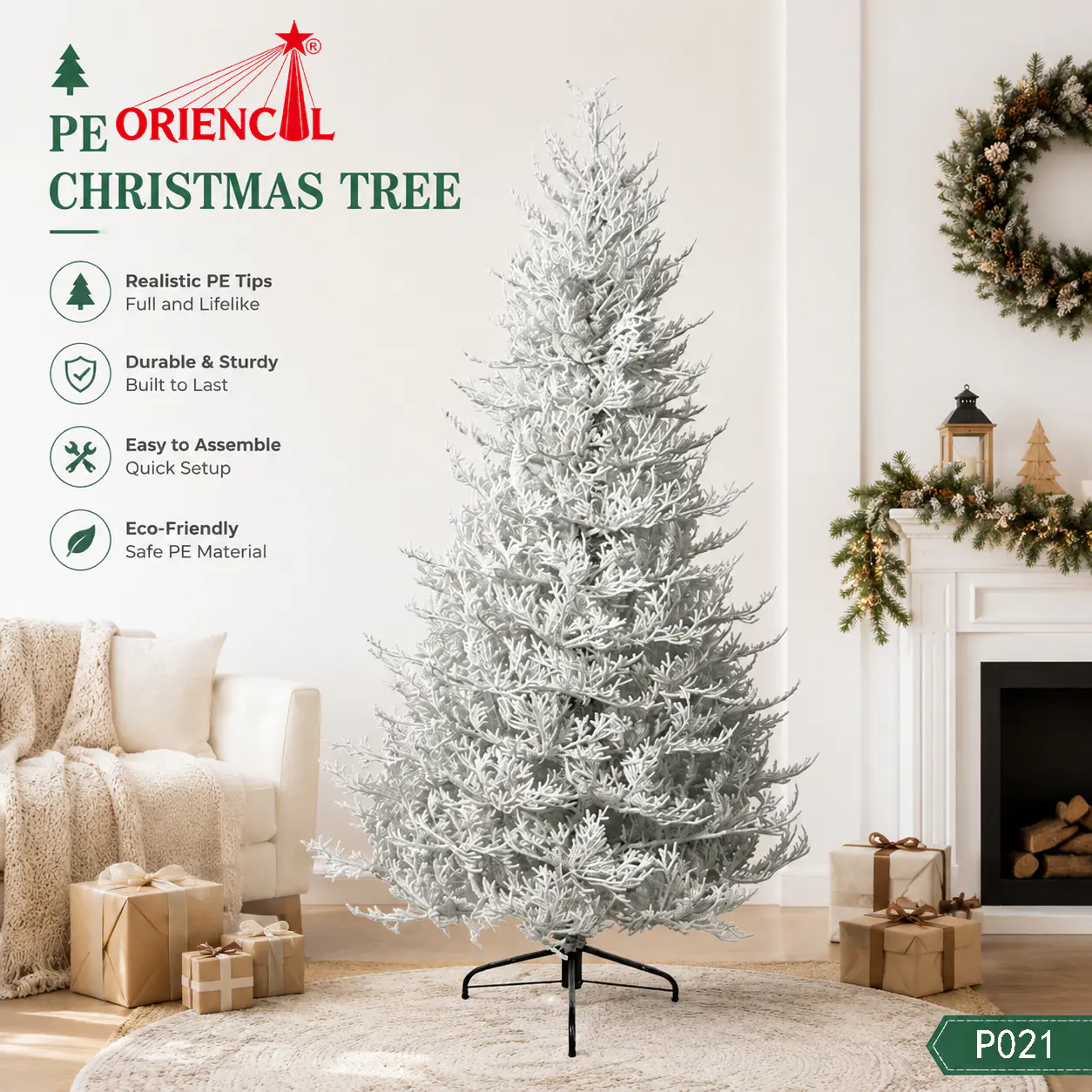 All-PE White Artificial Christmas Tree, Full Snowy Fir with Metal Stand, for Winter Themed Decor P021
