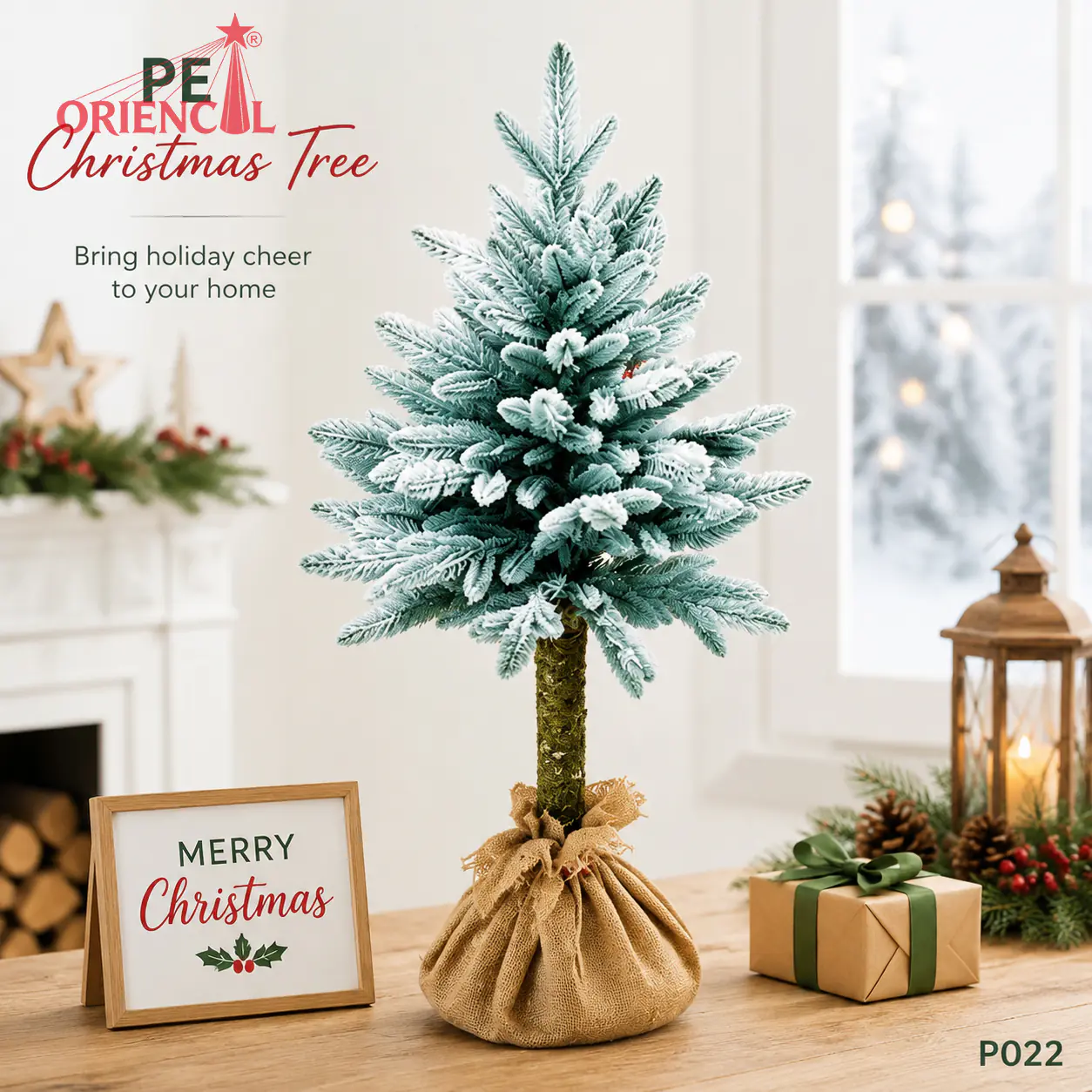 Mini All-PE Flocked Christmas Tree with Burlap Base, Slim Artificial Pine for Tabletop Decor P022