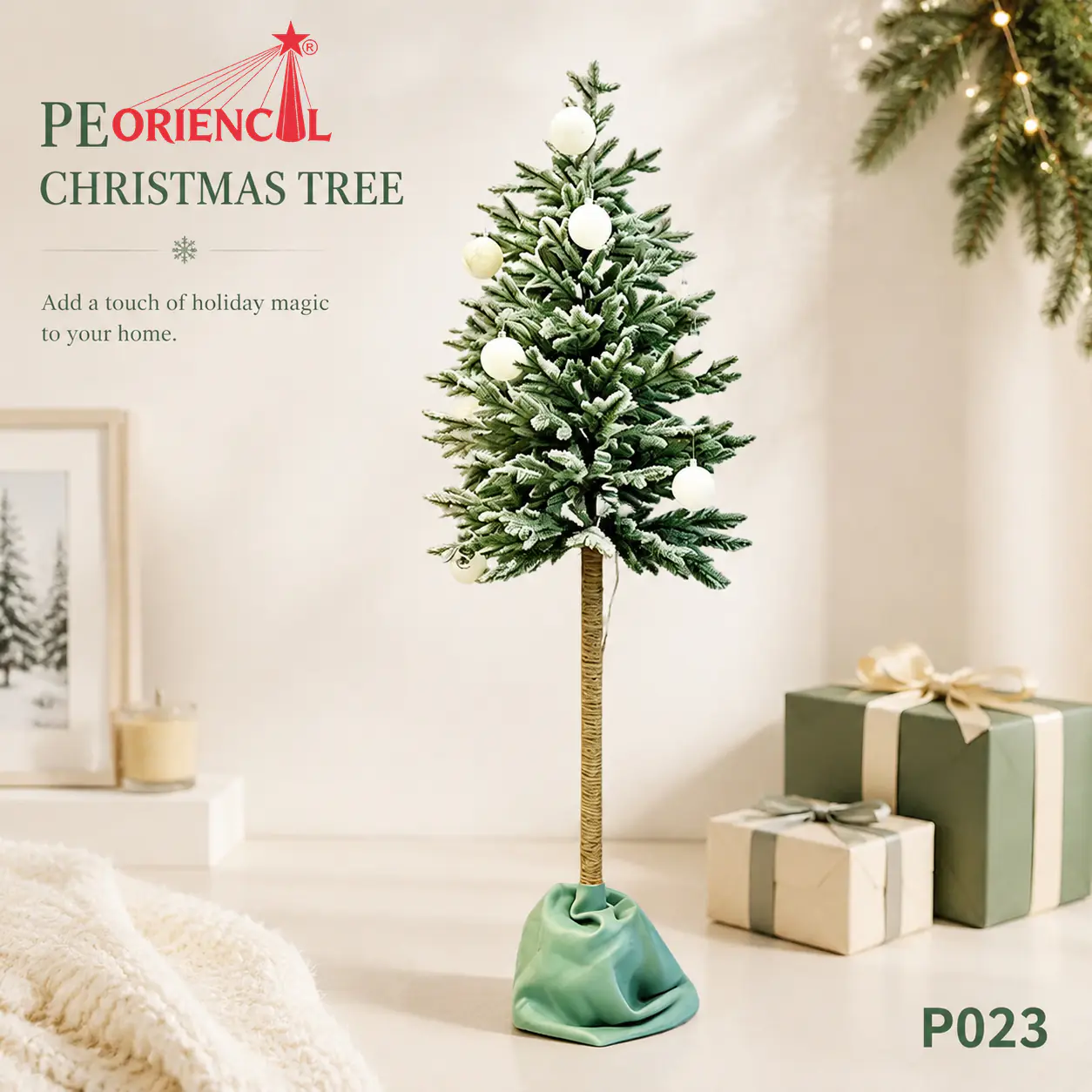 Pre-Decorated Flocked Artificial Christmas Tree, Tall Slim Pine with White Ornaments & Fabric Base, for Home Holiday Decor P023