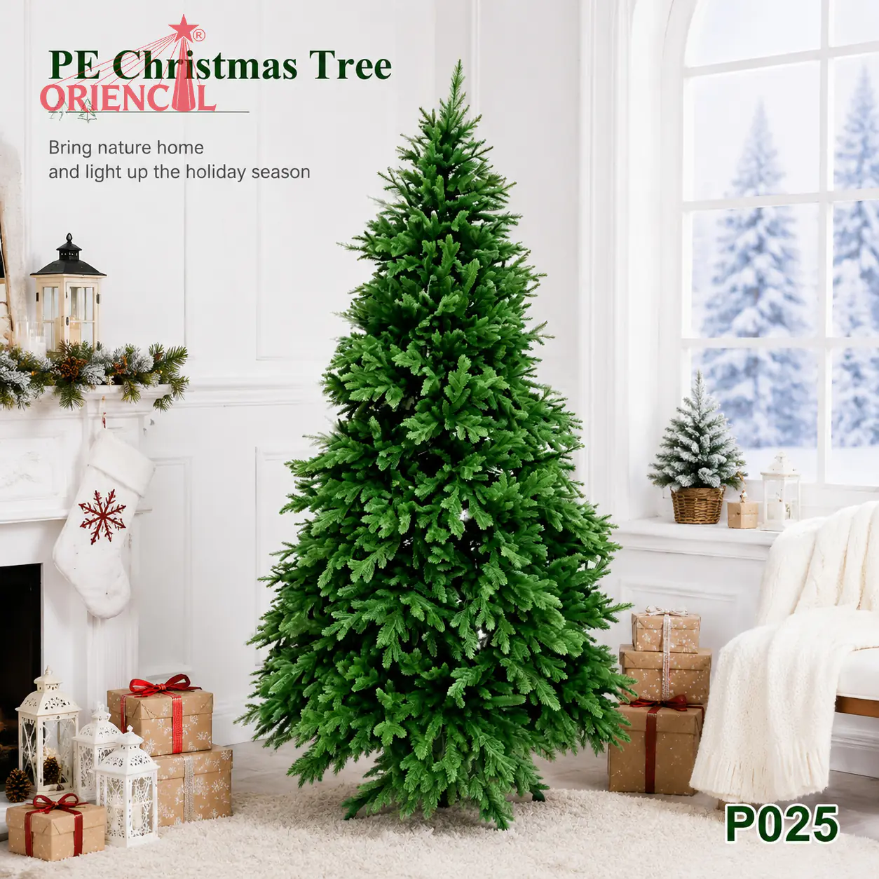 Full All-PE Green Artificial Christmas Tree, Dense Lush Fir with Metal Stand, Unlit P025