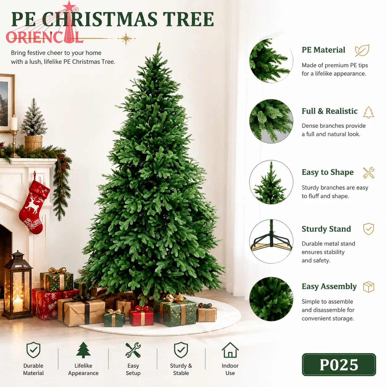 Full All-PE Green Artificial Christmas Tree, Dense Lush Fir with Metal Stand, Unlit P025