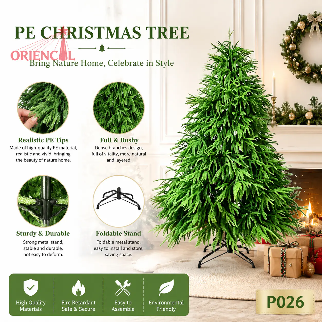 Natural-Looking All-PE Artificial Christmas Tree, Green Fir with Realistic Branches, Unlit P026