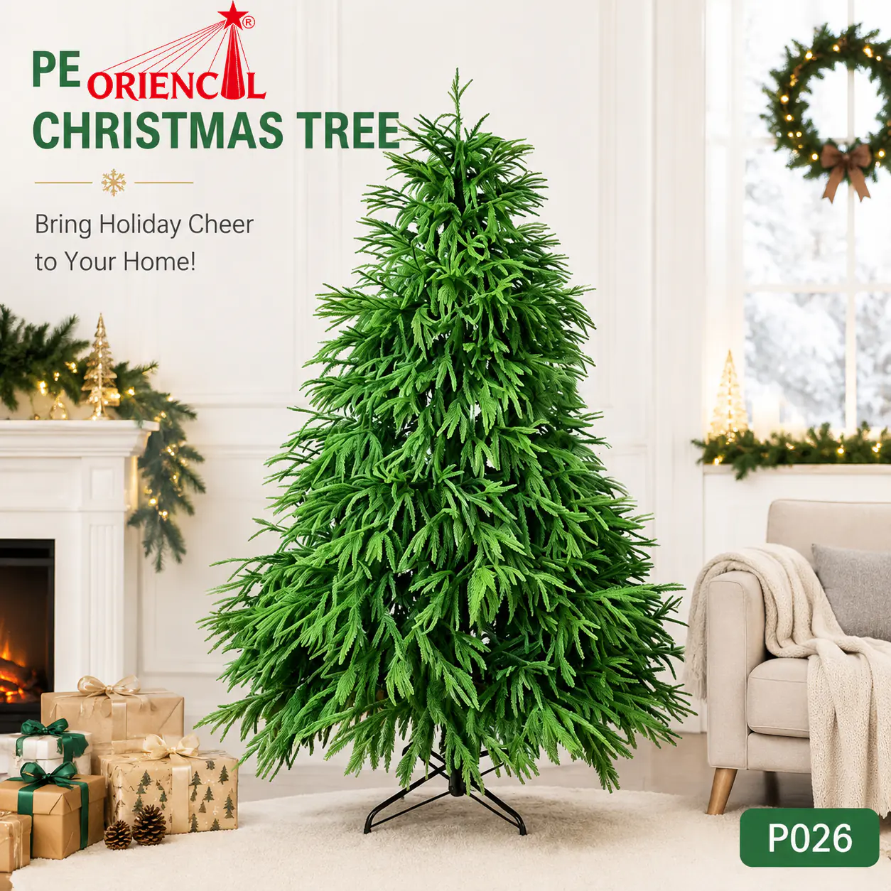 Natural-Looking All-PE Artificial Christmas Tree, Green Fir with Realistic Branches, Unlit P026