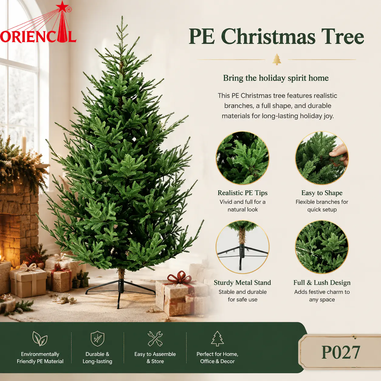 Premium All-PE Spruce Artificial Christmas Tree, Lush Green with Metal Stand, Unlit P027