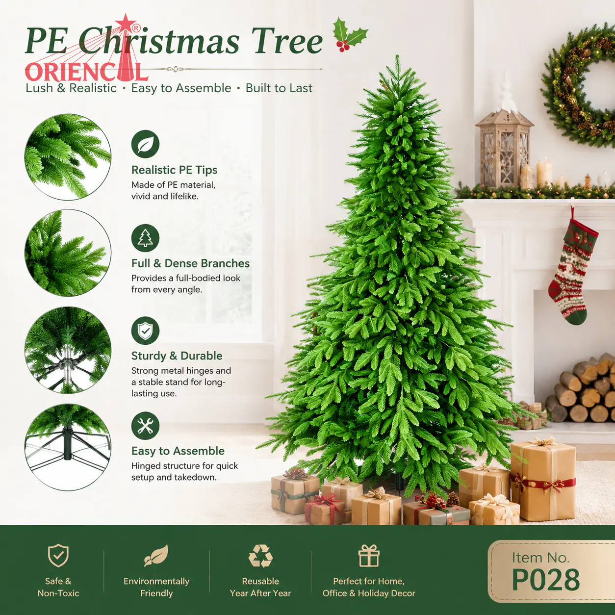 Bright Green All-PE Artificial Christmas Tree, Full Dense Fir, Unlit for Modern Holiday Decor P028