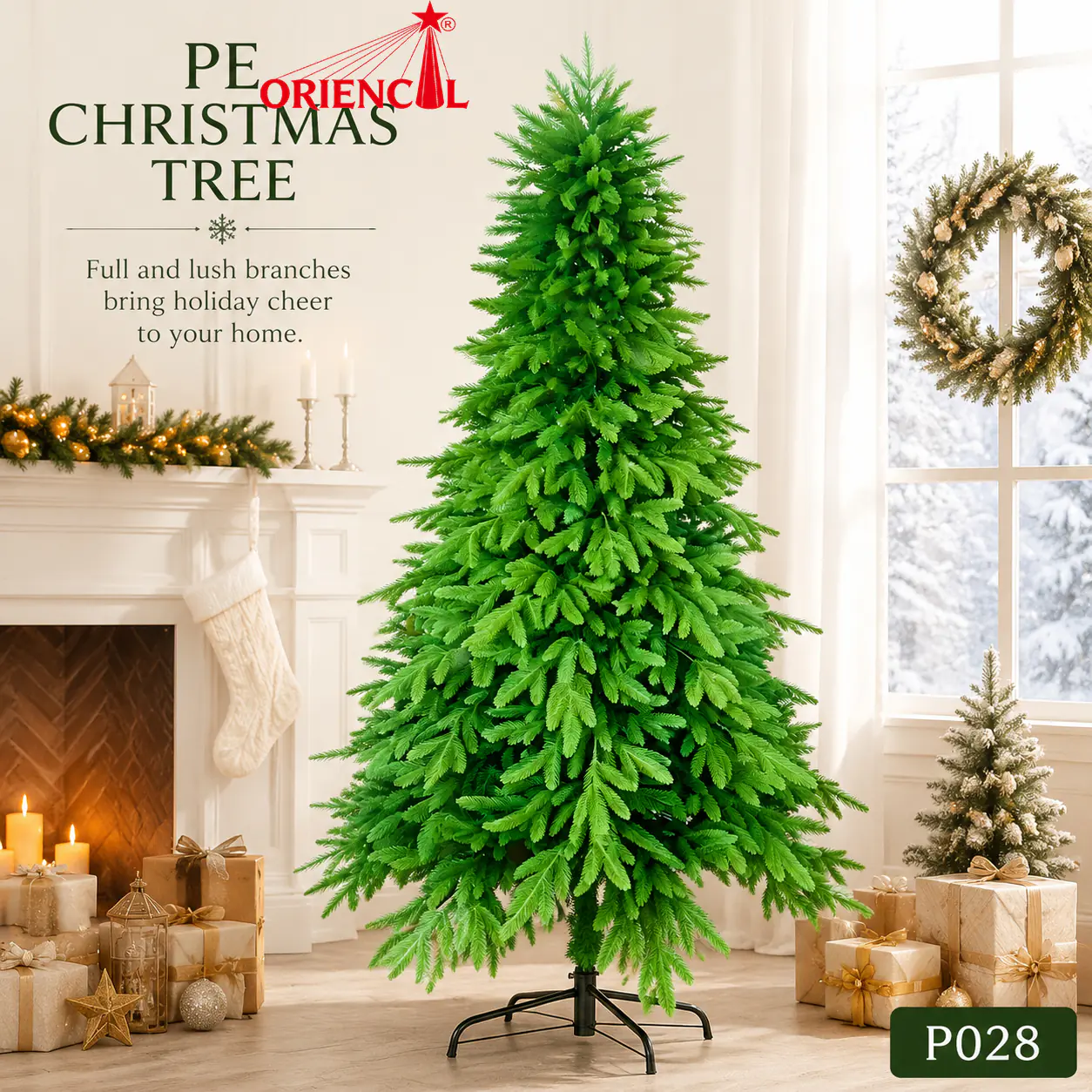 Bright Green All-PE Artificial Christmas Tree, Full Dense Fir, Unlit for Modern Holiday Decor P028
