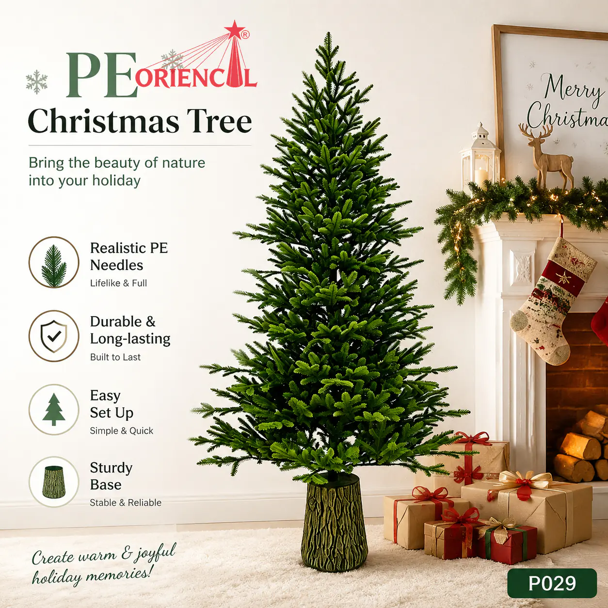 All-PE Artificial Christmas Tree with Wood-Like Base, Slim Green Fir, Unlit for Rustic Decor P029