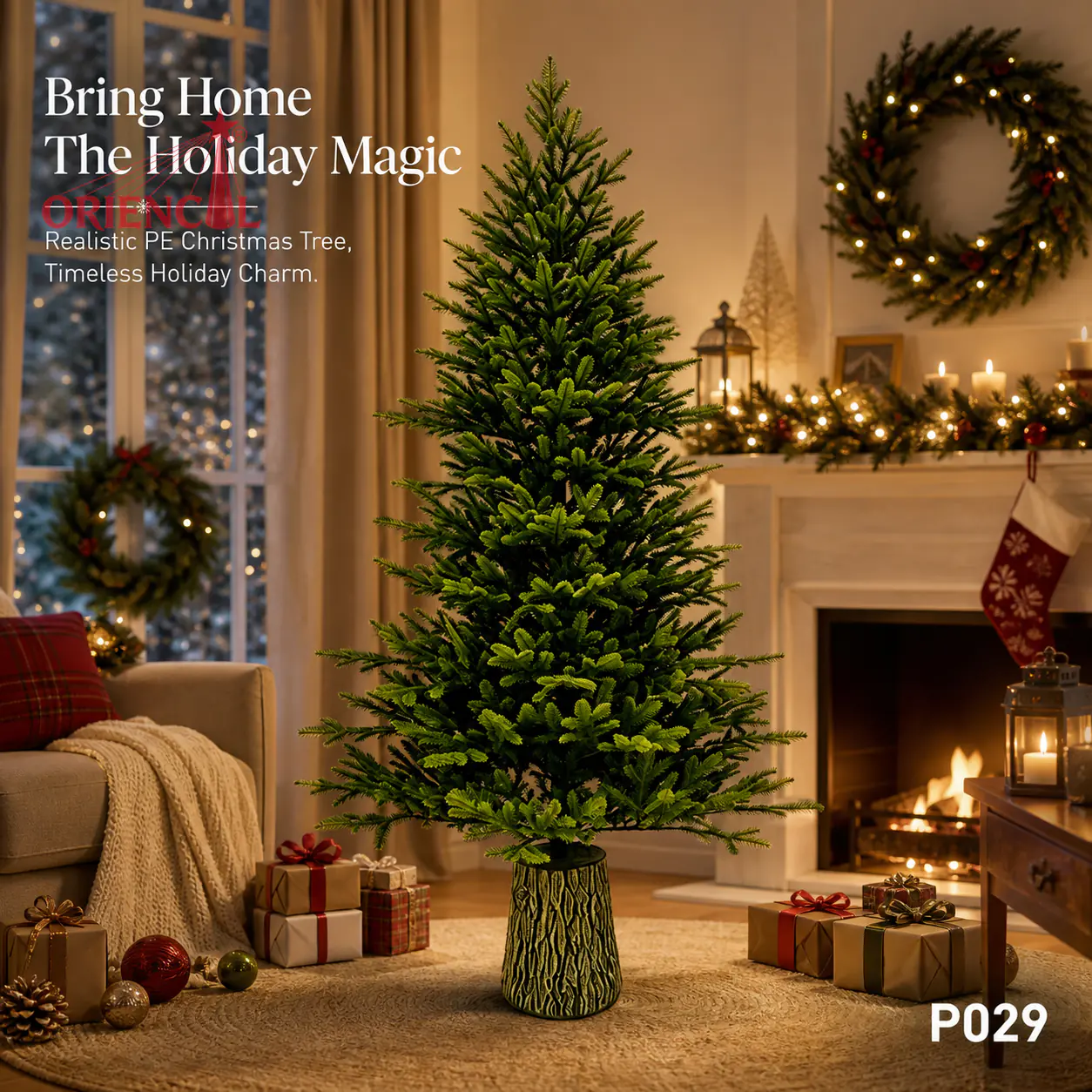 All-PE Artificial Christmas Tree with Wood-Like Base, Slim Green Fir, Unlit for Rustic Decor P029