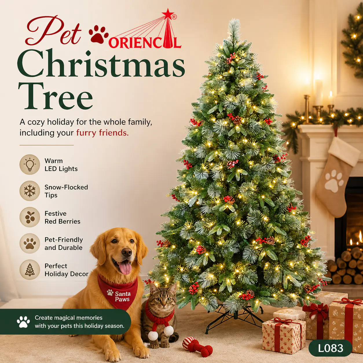 Pre-lit Flocked Christmas Tree with Red Berries and Warm White Lights, Winter Decor L083