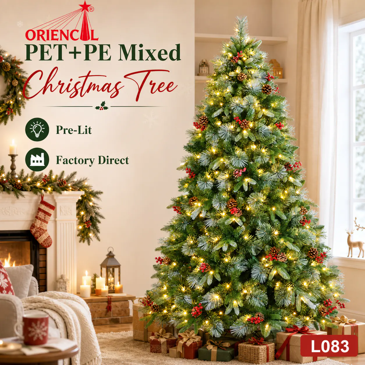 Pre-lit Flocked Christmas Tree with Red Berries and Warm White Lights, Winter Decor L083